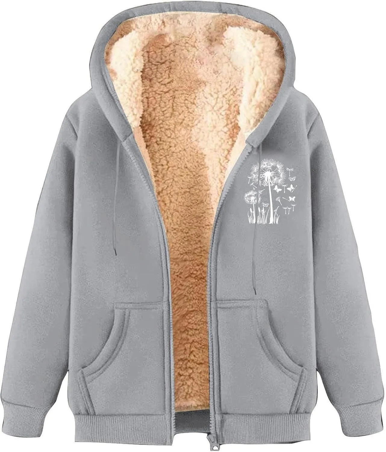 Omen's Casual Full Zip Up Sherpa Lined Hoodie Dandelion Print Oversized Sweatshirt Jackets Loose Pockets Outwear Coat