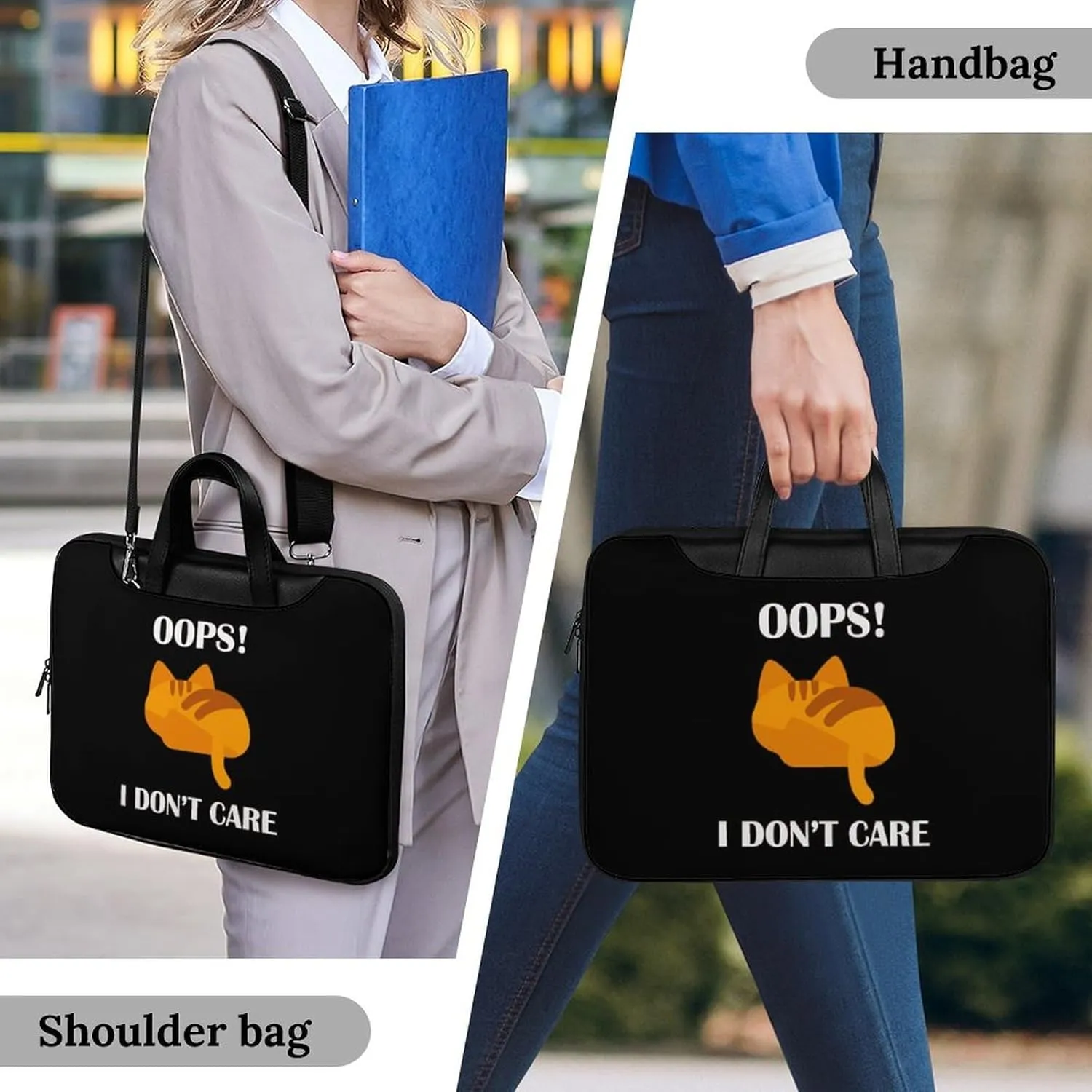 Oops Dont Care Cat Leather Bag Laptop Case Slim Water Resistant Computer Bags with Handle Briefcase for Work