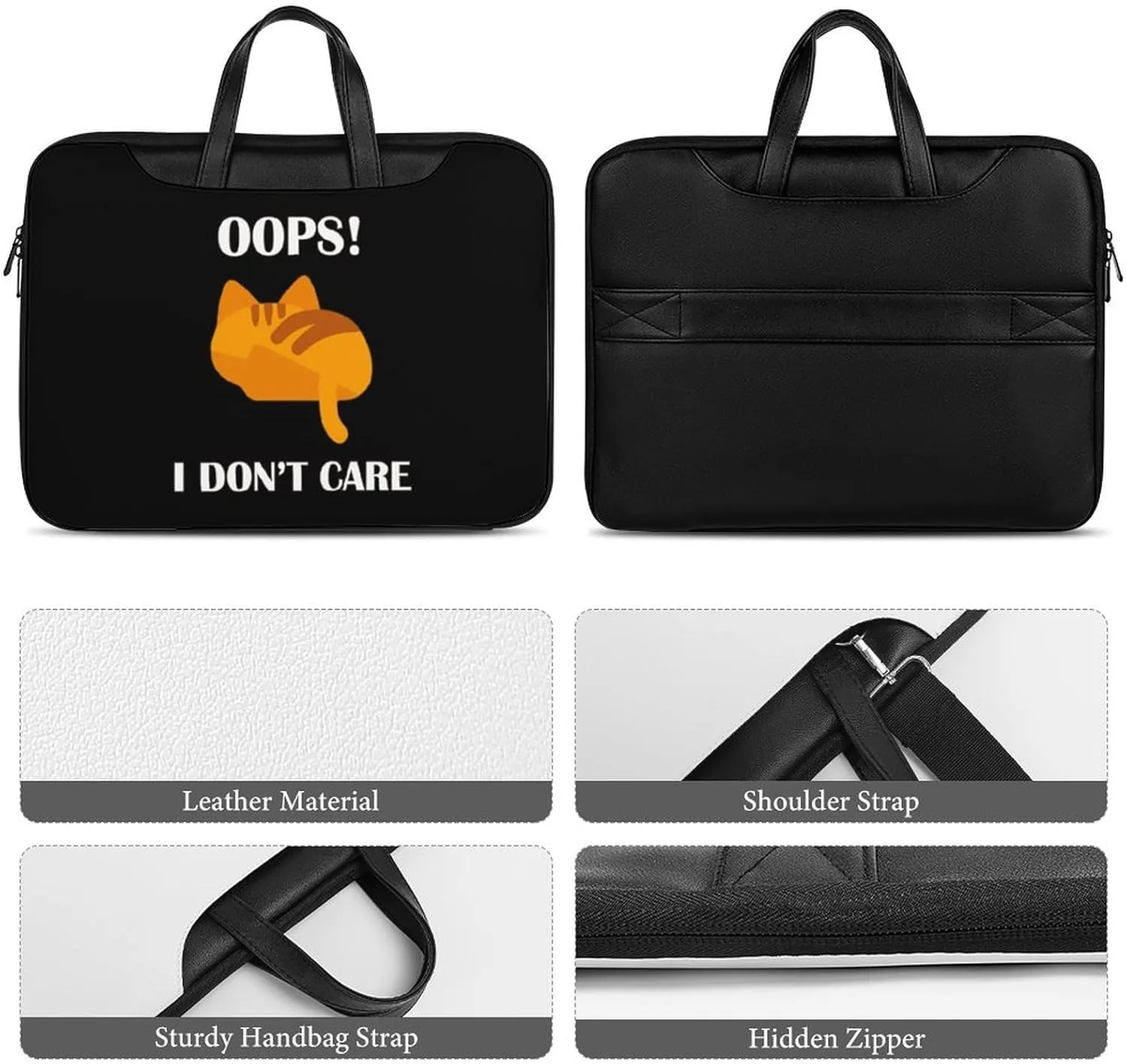 Oops Dont Care Cat Leather Bag Laptop Case Slim Water Resistant Computer Bags with Handle Briefcase for Work