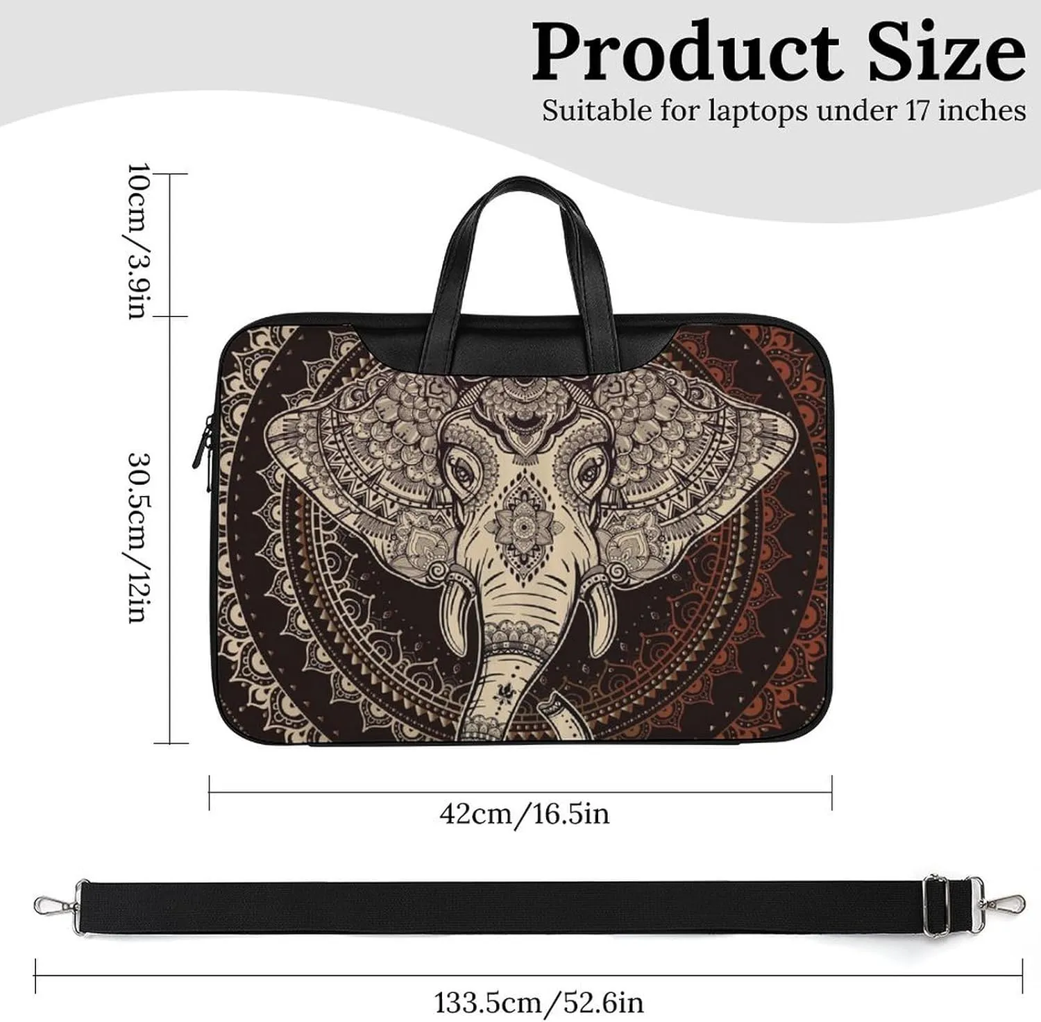 Oriental Elephant Mandala Circle Leather Bag Laptop Case Slim Water Resistant Computer Bags with Handle Briefcase for Work
