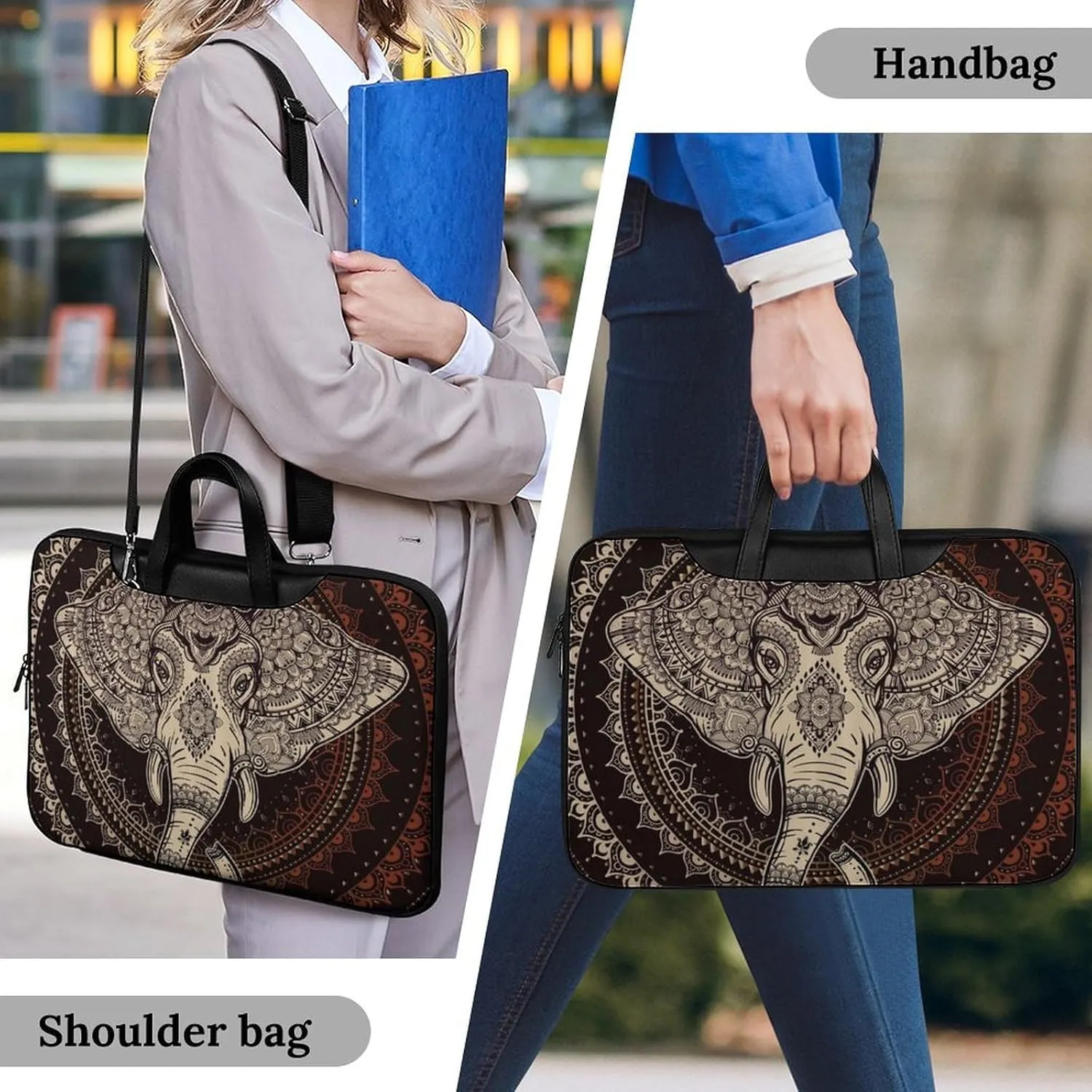 Oriental Elephant Mandala Circle Leather Bag Laptop Case Slim Water Resistant Computer Bags with Handle Briefcase for Work