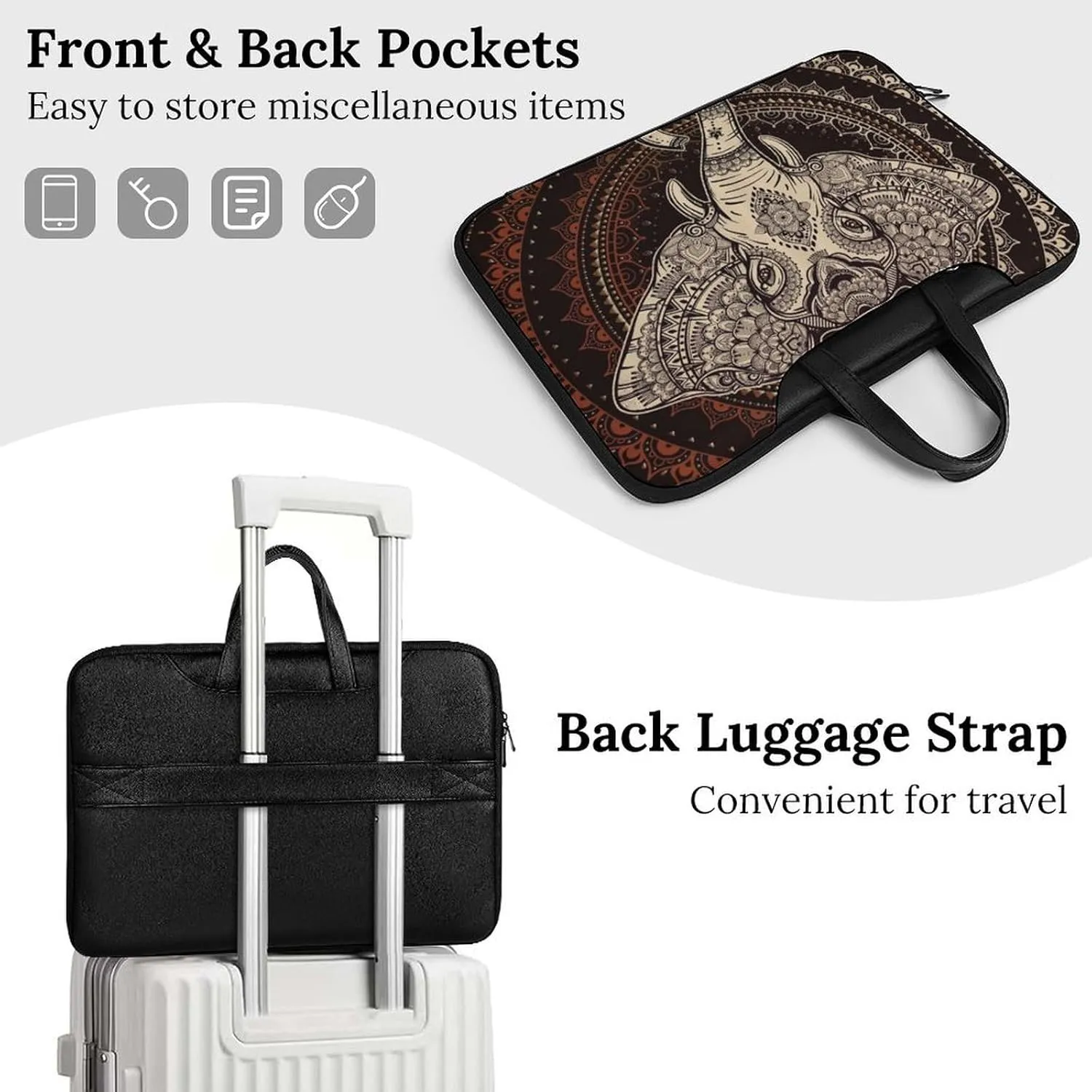 Oriental Elephant Mandala Circle Leather Bag Laptop Case Slim Water Resistant Computer Bags with Handle Briefcase for Work