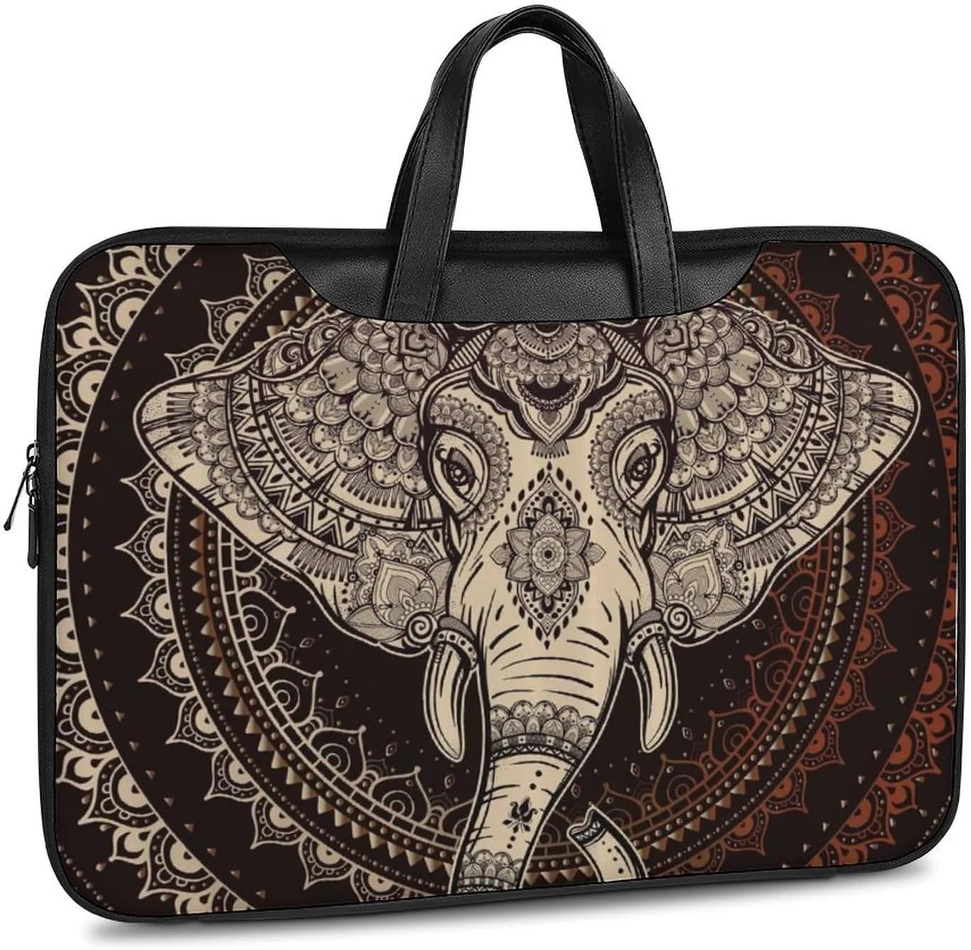 Oriental Elephant Mandala Circle Leather Bag Laptop Case Slim Water Resistant Computer Bags with Handle Briefcase for Work