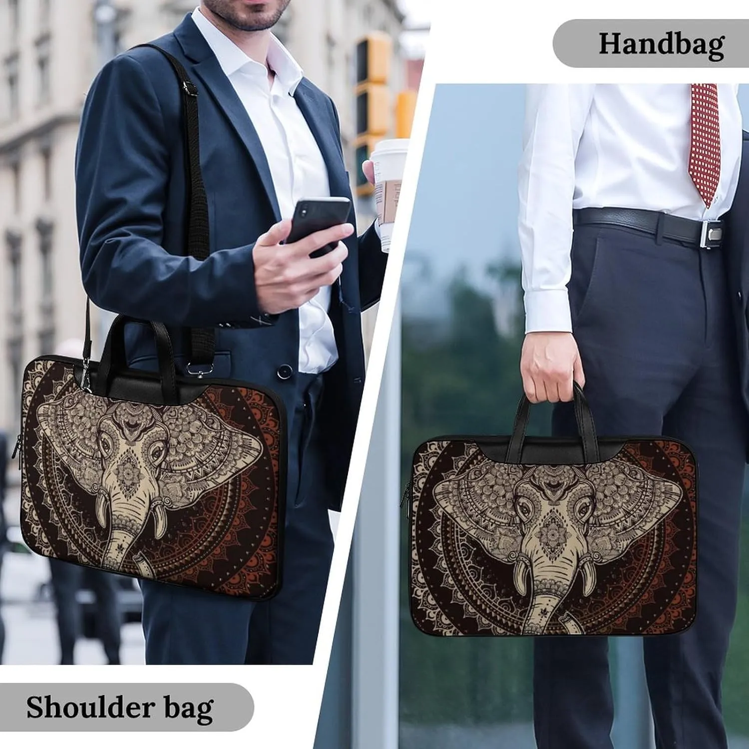 Oriental Elephant Mandala Circle Leather Bag Laptop Case Slim Water Resistant Computer Bags with Handle Briefcase for Work