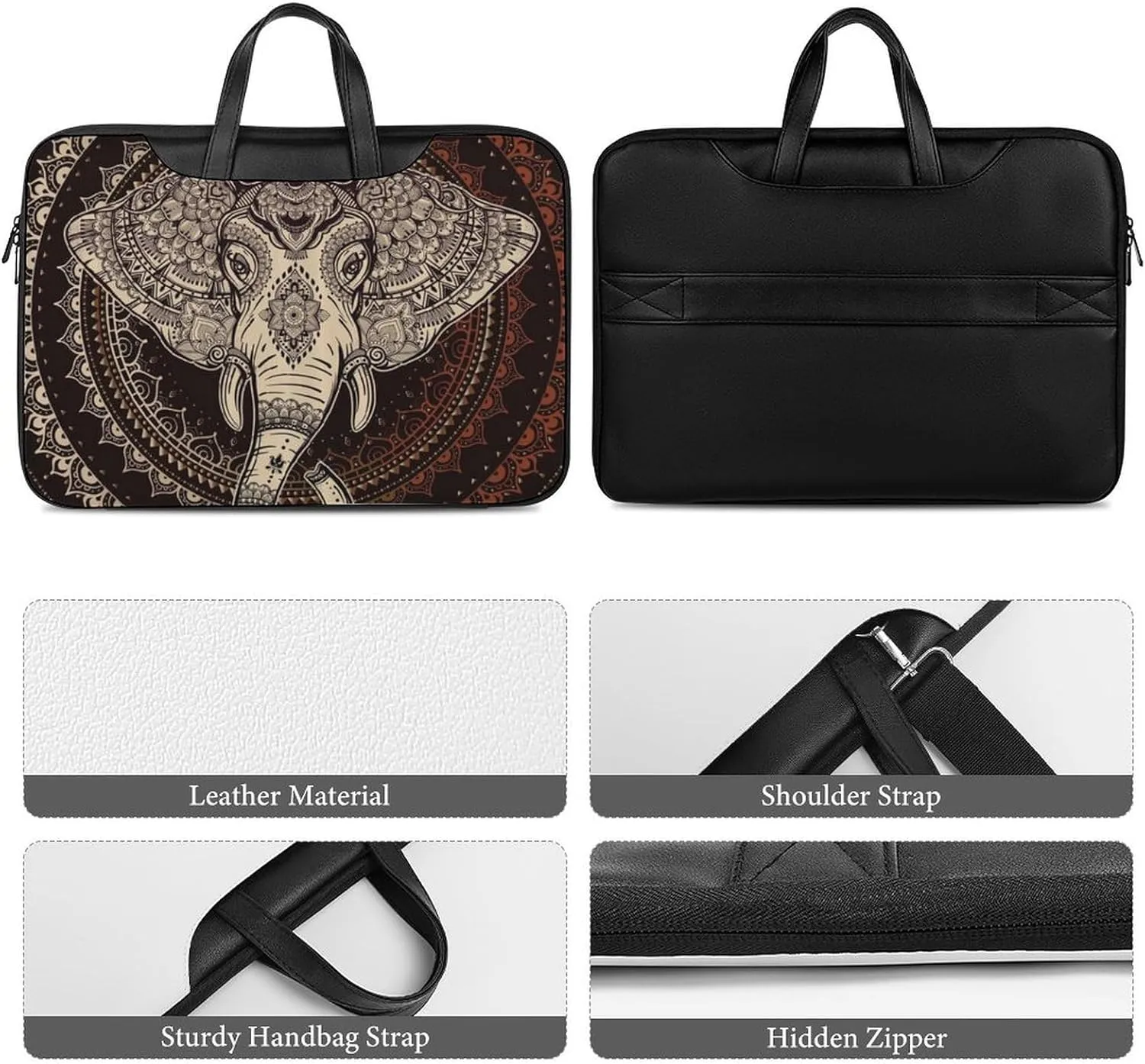 Oriental Elephant Mandala Circle Leather Bag Laptop Case Slim Water Resistant Computer Bags with Handle Briefcase for Work
