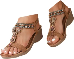 Orthopedic Sandals for Women Arch Support, Women Orthopedic Platform Wedges Open Toe Ankle Strap Bohemian Sandals Slip On Boho Sandal Dress Shoe for Work Party Wedding