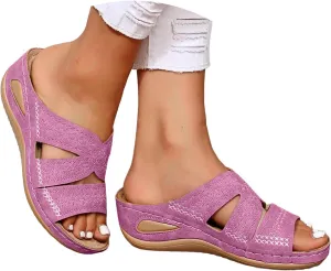 Orthopedic Wedge Sandals for Women Summer Dressy 2025,Comfortable Open Toe Casual Slip on Beach Sandals Vintage Flats Embroidered Slippers Walking Shoes