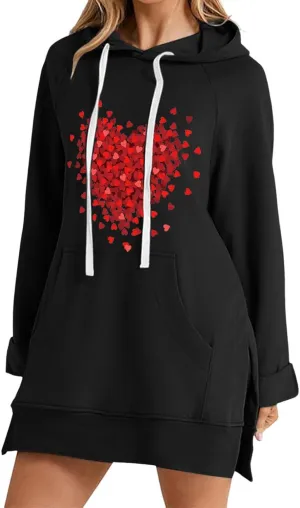 Oversized Hoodie Dress for Women Casual Drawstring Long Sweatshirt with Pocket Bow love Graphic Print Split Hem Shirt