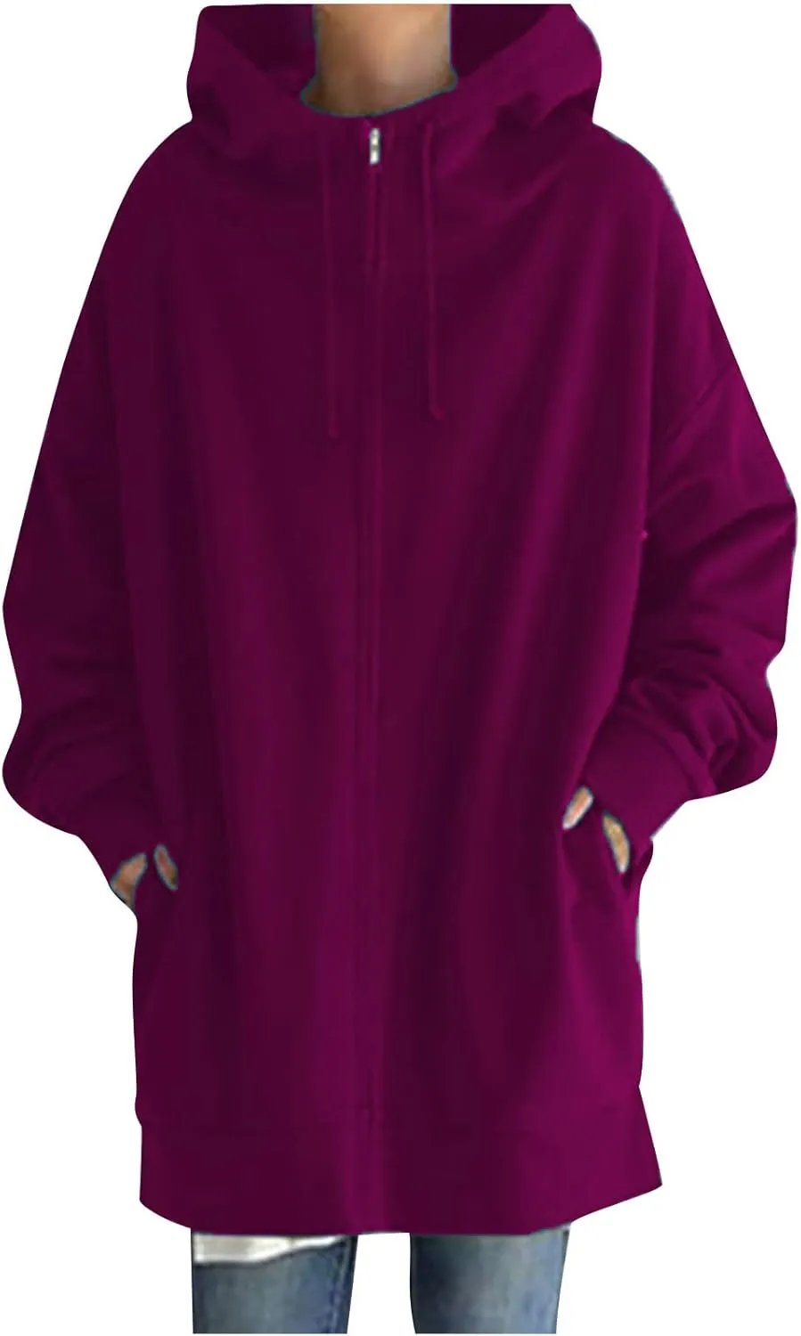 Oversized Hoodie for Women Plus Size Solid Color Hoodies Casual Full Zip Long Hooded Sweatshirt Pullover Jacket with Pockets