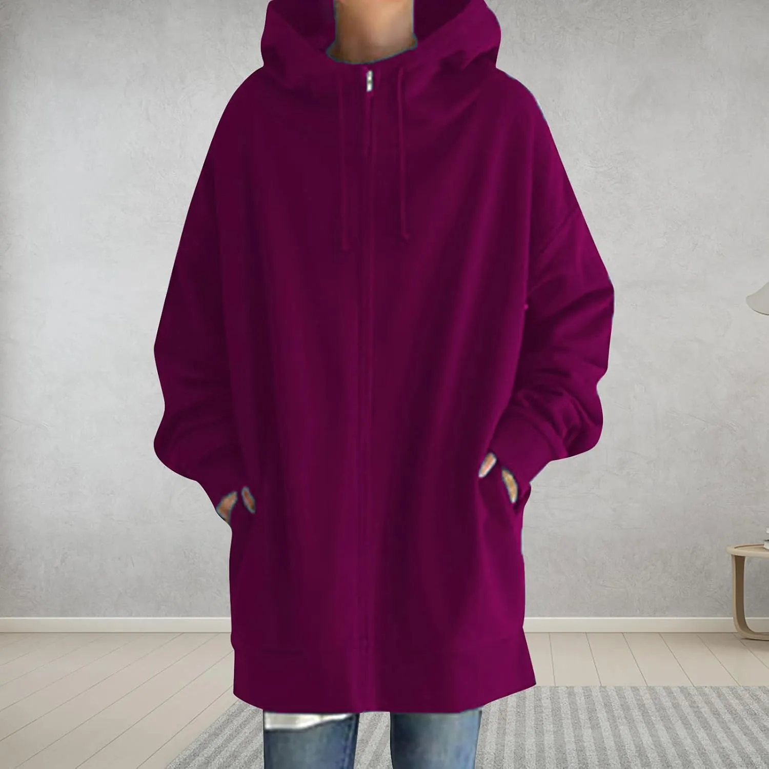 Oversized Hoodie for Women Plus Size Solid Color Hoodies Casual Full Zip Long Hooded Sweatshirt Pullover Jacket with Pockets