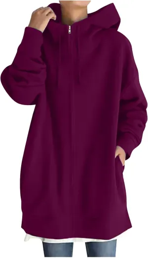 Oversized Hoodie for Women Plus Size Solid Color Hoodies Casual Full Zip Long Hooded Sweatshirt Pullover Jacket with Pockets