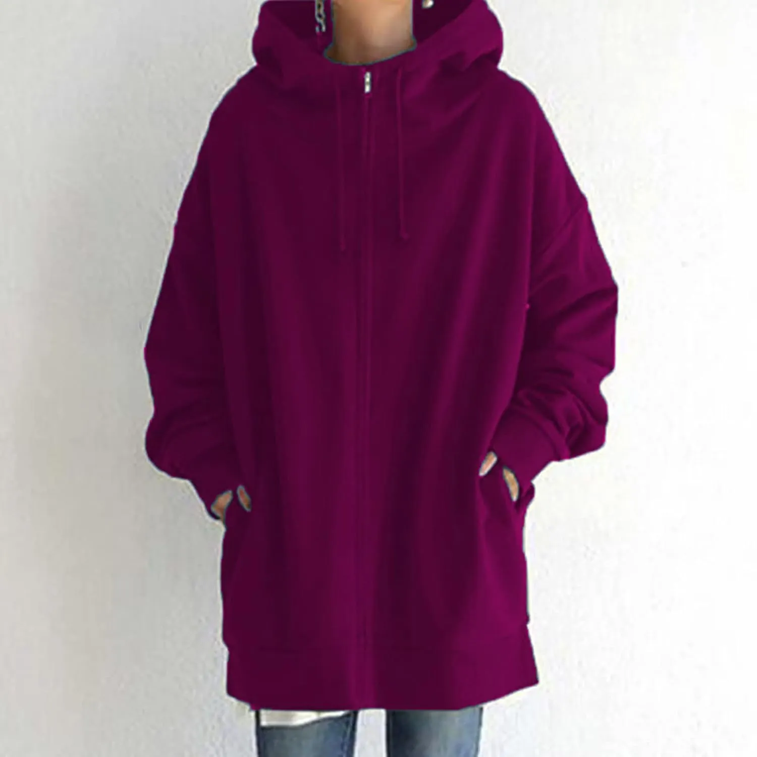 Oversized Hoodie for Women Plus Size Solid Color Hoodies Casual Full Zip Long Hooded Sweatshirt Pullover Jacket with Pockets