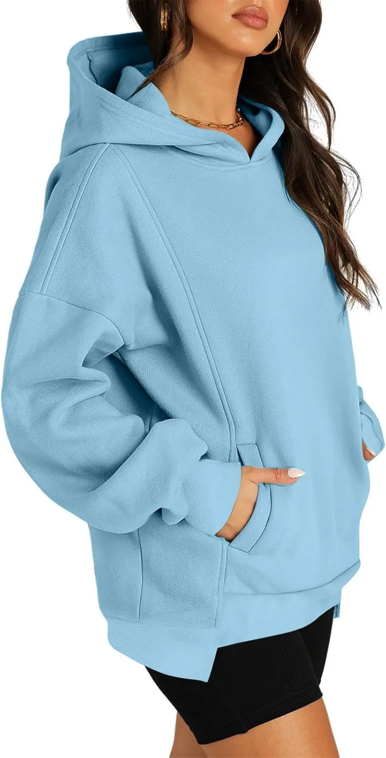 Oversized Hoodies for Women 2024 Classic Solid Loose Fit Tops Crewneck Slit Hem Pullover Fall Outfits with Pocket