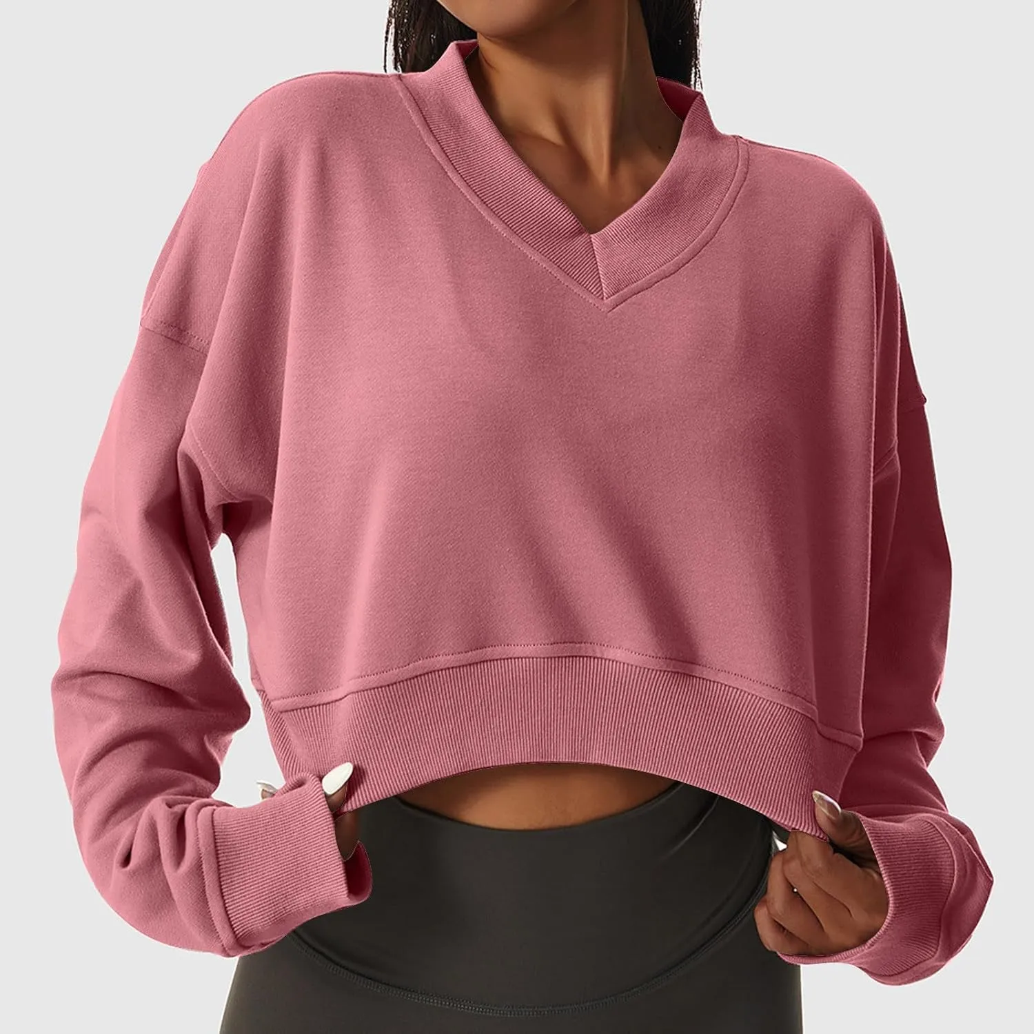 Oversized Sweatshirt Women Loose Fit v Neck Fleece Lined Cropped Shirts Drop Sleeve Solid Pullover Hoodies No Hood