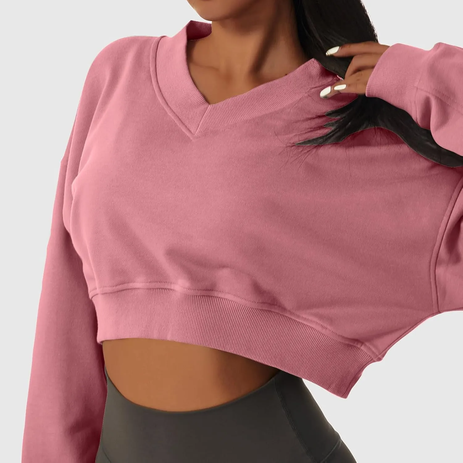 Oversized Sweatshirt Women Loose Fit v Neck Fleece Lined Cropped Shirts Drop Sleeve Solid Pullover Hoodies No Hood