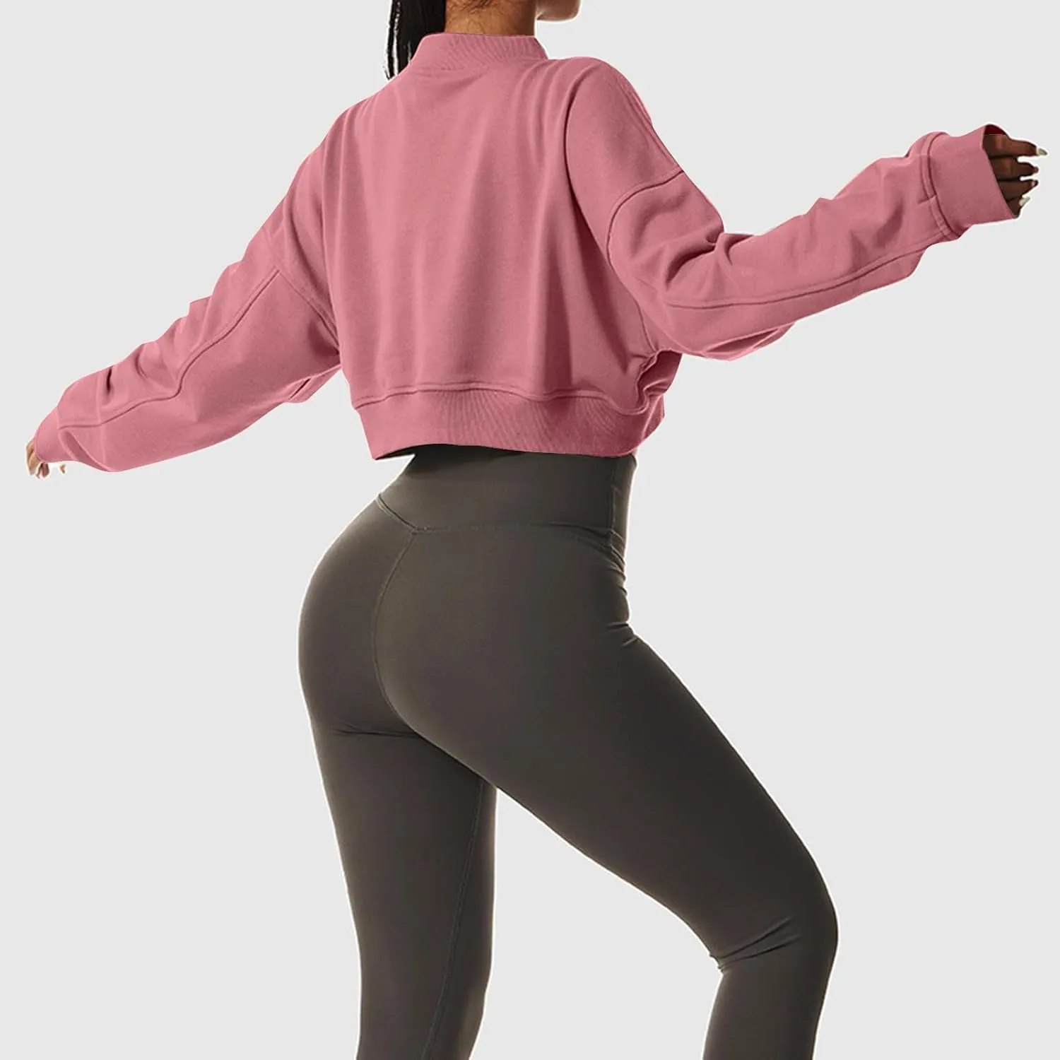 Oversized Sweatshirt Women Loose Fit v Neck Fleece Lined Cropped Shirts Drop Sleeve Solid Pullover Hoodies No Hood
