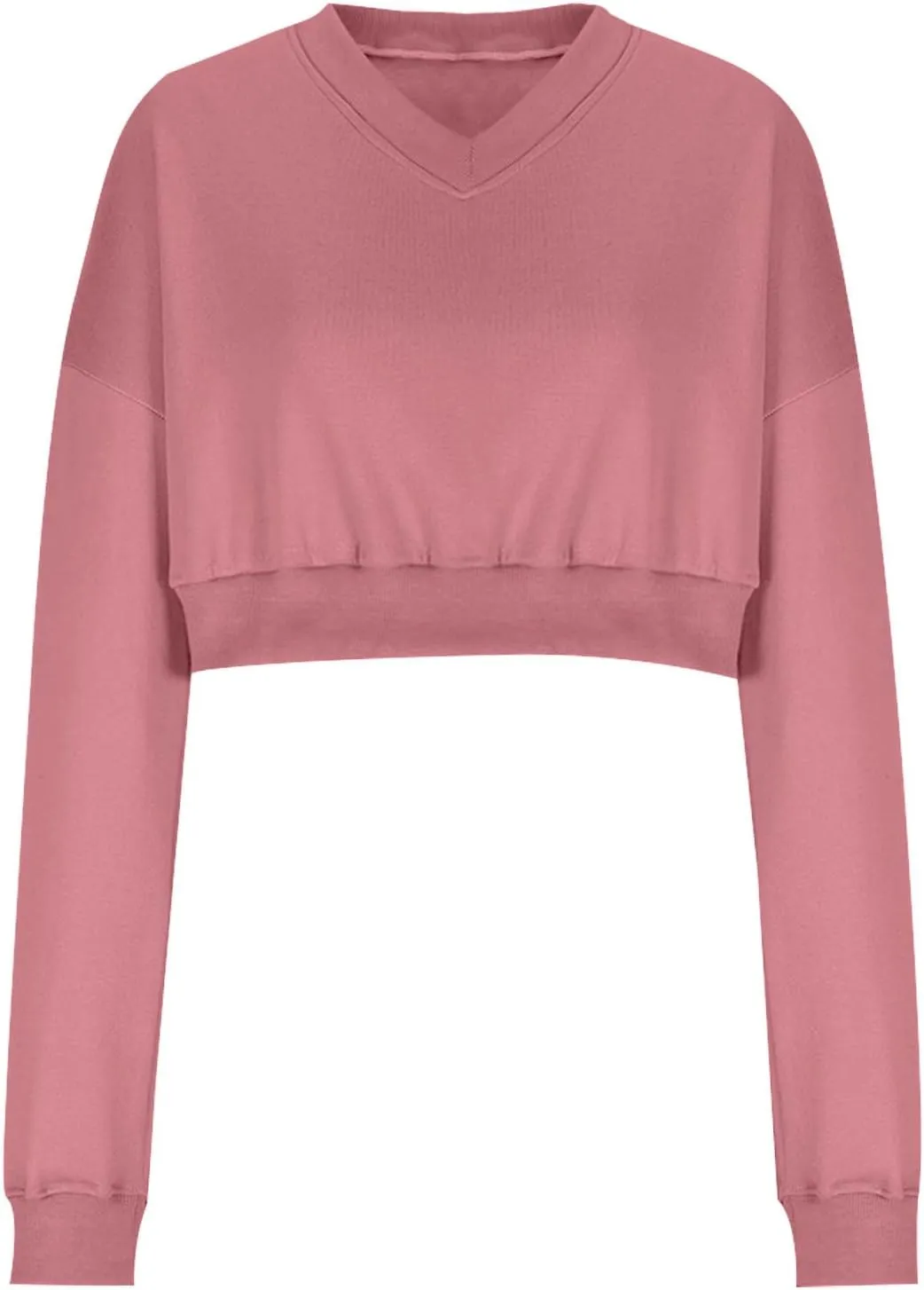 Oversized Sweatshirt Women Loose Fit v Neck Fleece Lined Cropped Shirts Drop Sleeve Solid Pullover Hoodies No Hood