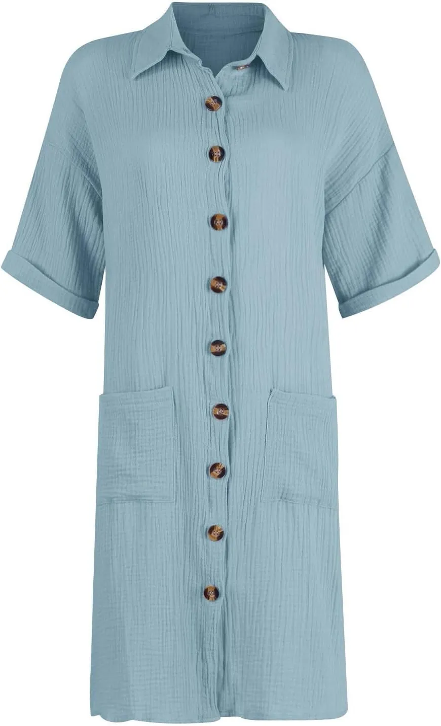 Palaver Summer Dresses for Women 2025 Casual Button Down Short Sleeve Tshirt Dress Boho Vacation Midi Dresses with Pockets