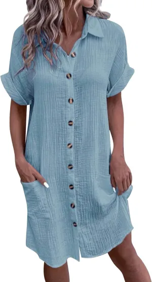 Palaver Summer Dresses for Women 2025 Casual Button Down Short Sleeve Tshirt Dress Boho Vacation Midi Dresses with Pockets