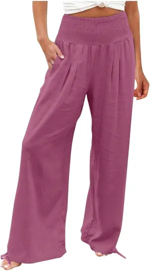 Palazzo Pants for Women Cotton Linen Summer Lightweight Wide Leg Pants Flowy Smocked High Waisted Beach Trousers