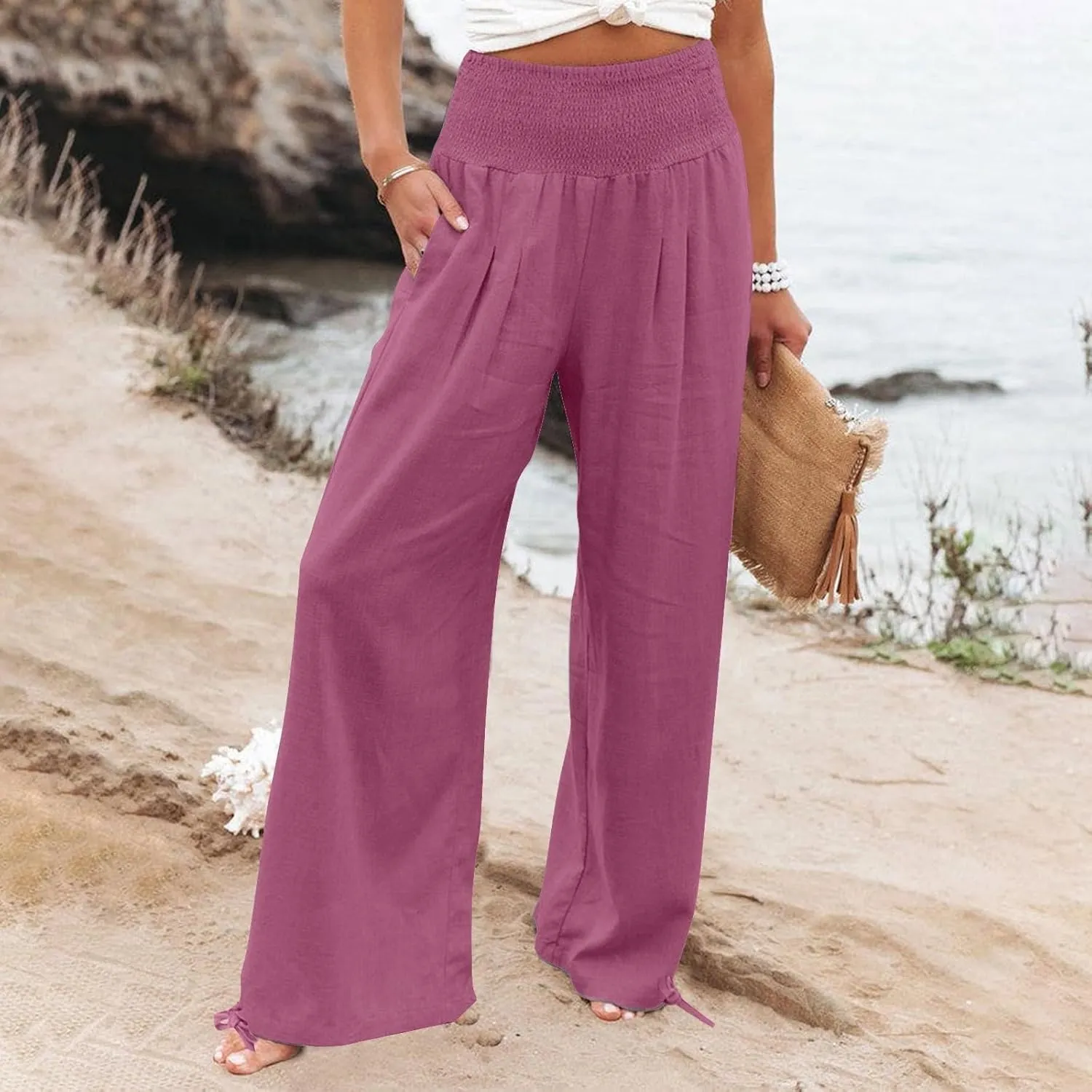 Palazzo Pants for Women Cotton Linen Summer Lightweight Wide Leg Pants Flowy Smocked High Waisted Beach Trousers