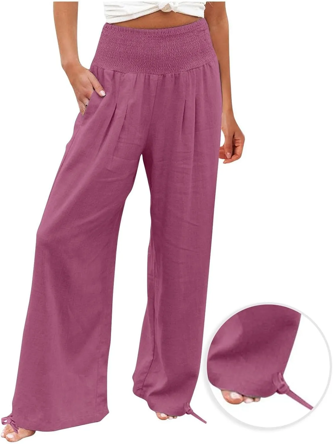 Palazzo Pants for Women Cotton Linen Summer Lightweight Wide Leg Pants Flowy Smocked High Waisted Beach Trousers