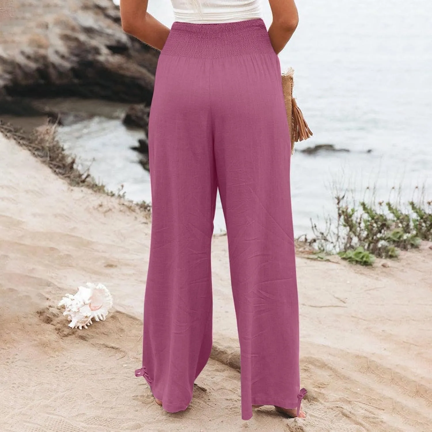 Palazzo Pants for Women Cotton Linen Summer Lightweight Wide Leg Pants Flowy Smocked High Waisted Beach Trousers