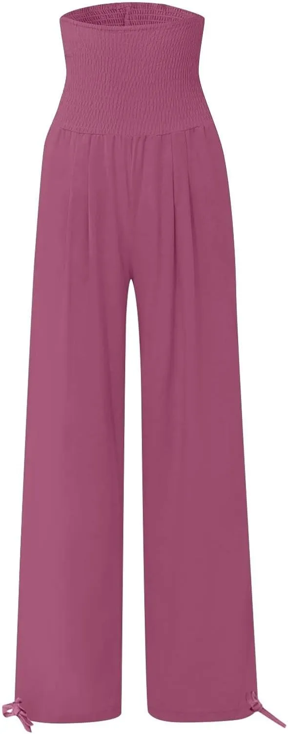 Palazzo Pants for Women Cotton Linen Summer Lightweight Wide Leg Pants Flowy Smocked High Waisted Beach Trousers
