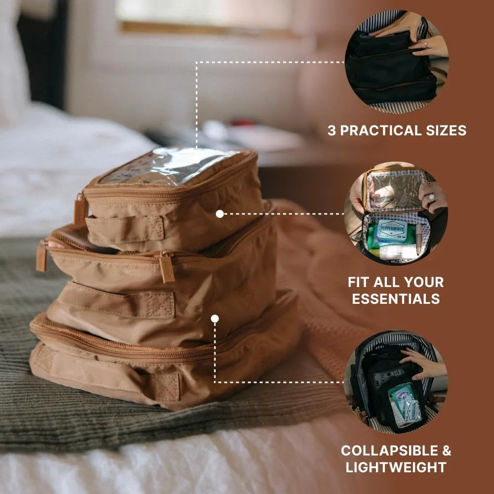Parker Baby Co. Lightweight Packing Cube Set 3-Pack | Collapsible, Durable, Mesh & Clear Top | Travel Organizer for Diaper Bags, Luggage - Camel/Desert Star