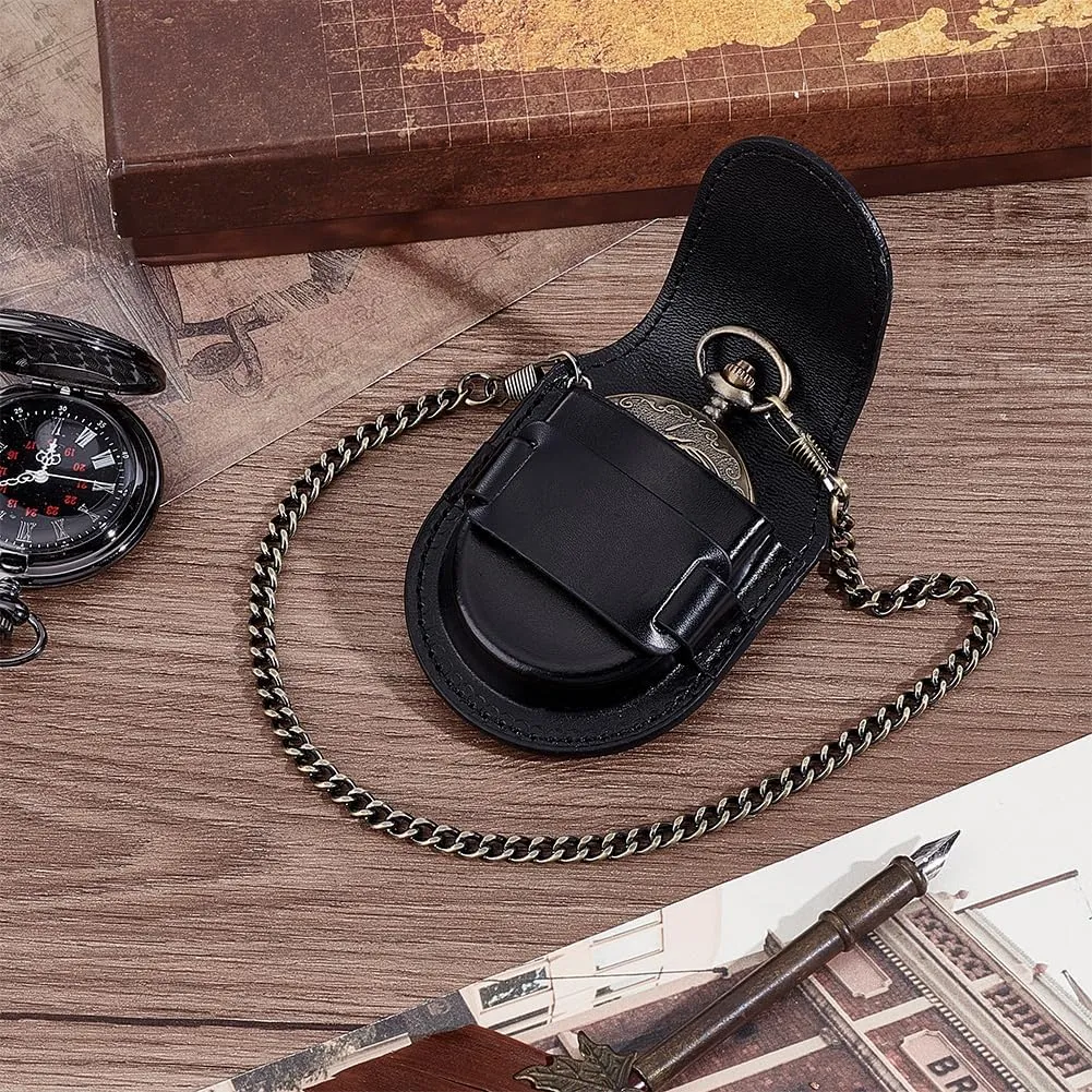 PH PandaHall Pocket Watch Case Watch Travel Case Vintage Style Watch Organizer Pocket Watch Display Case PU Leather Pocket Watch Pouch with Chain Mini Waist Bag Photo Box for Father 3.1x2.6in