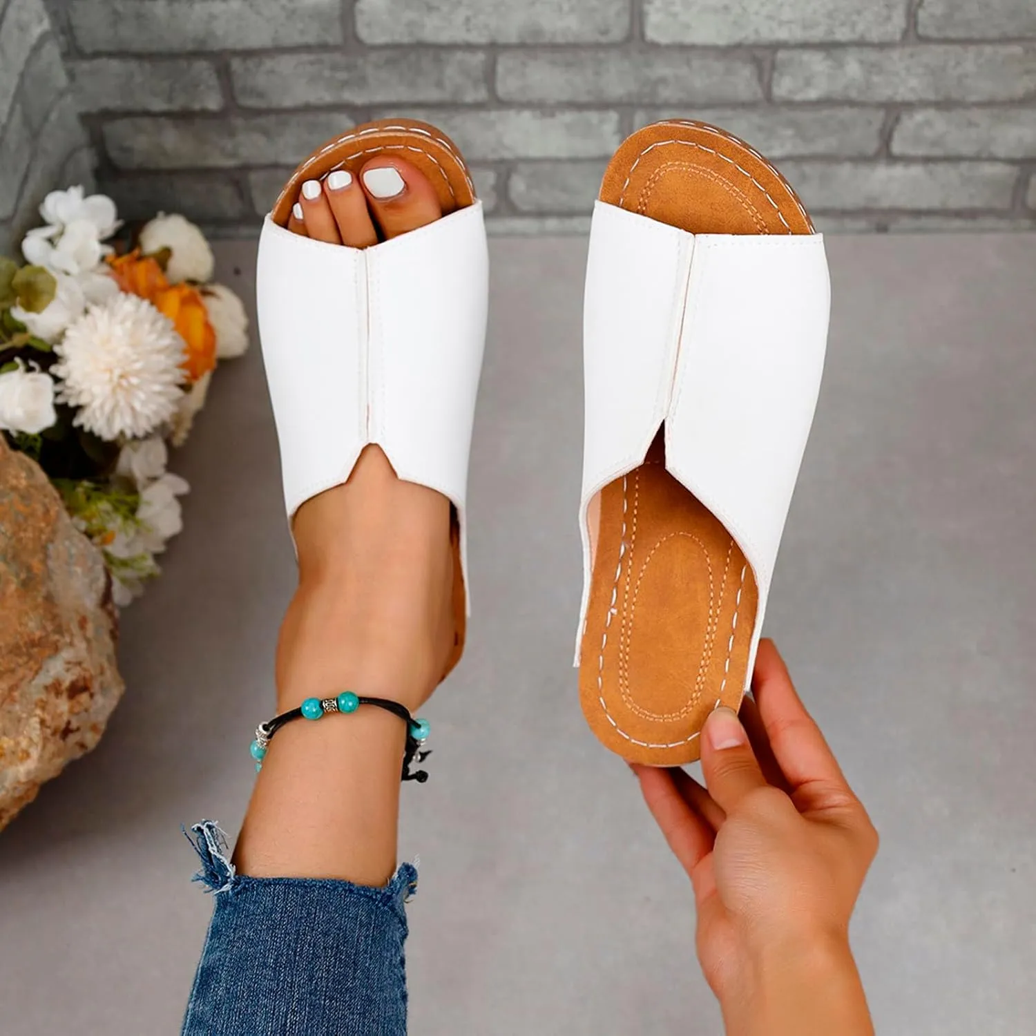 Platform Sandals Women Arch Support Flat Slip on Sandals Lightweight Wide Width Leather Platform Wedge Shoes