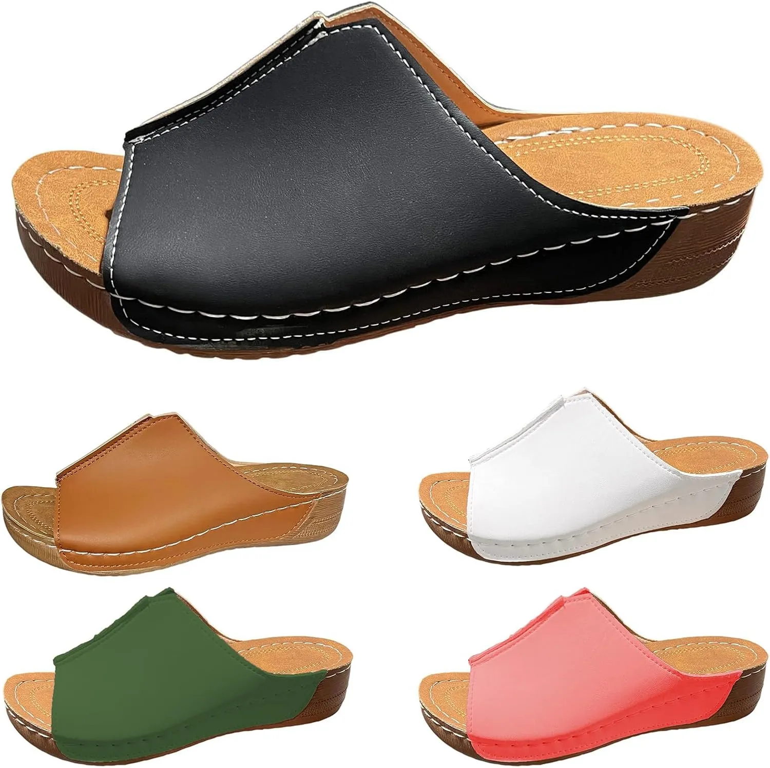 Platform Sandals Women Arch Support Flat Slip on Sandals Lightweight Wide Width Leather Platform Wedge Shoes