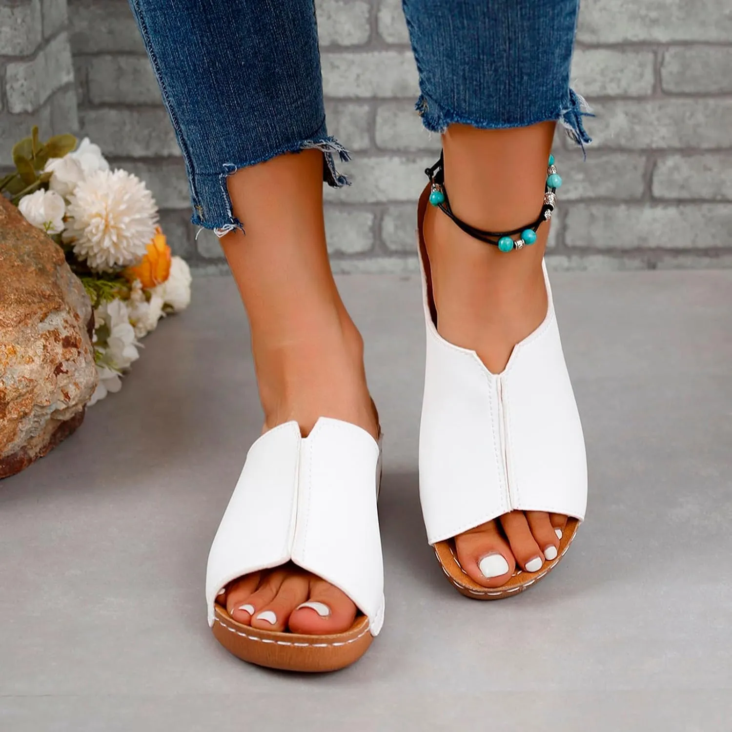 Platform Sandals Women Arch Support Flat Slip on Sandals Lightweight Wide Width Leather Platform Wedge Shoes