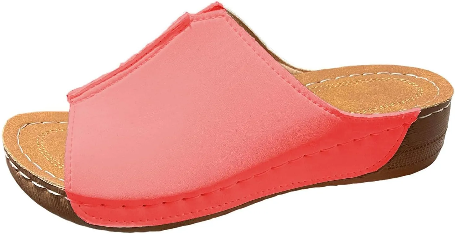 Platform Sandals Women Arch Support Flat Slip on Sandals Lightweight Wide Width Leather Platform Wedge Shoes