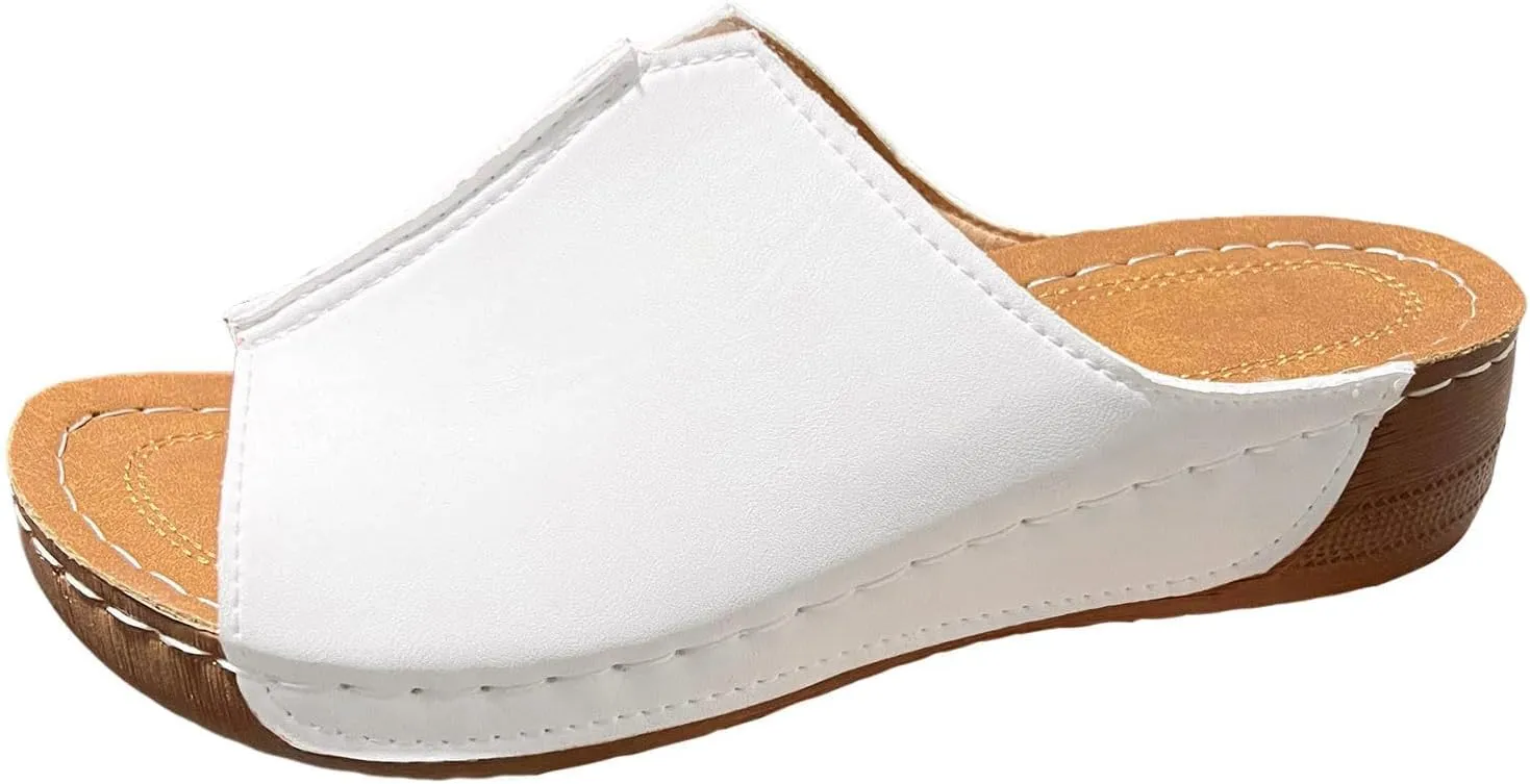 Platform Sandals Women Arch Support Flat Slip on Sandals Lightweight Wide Width Leather Platform Wedge Shoes