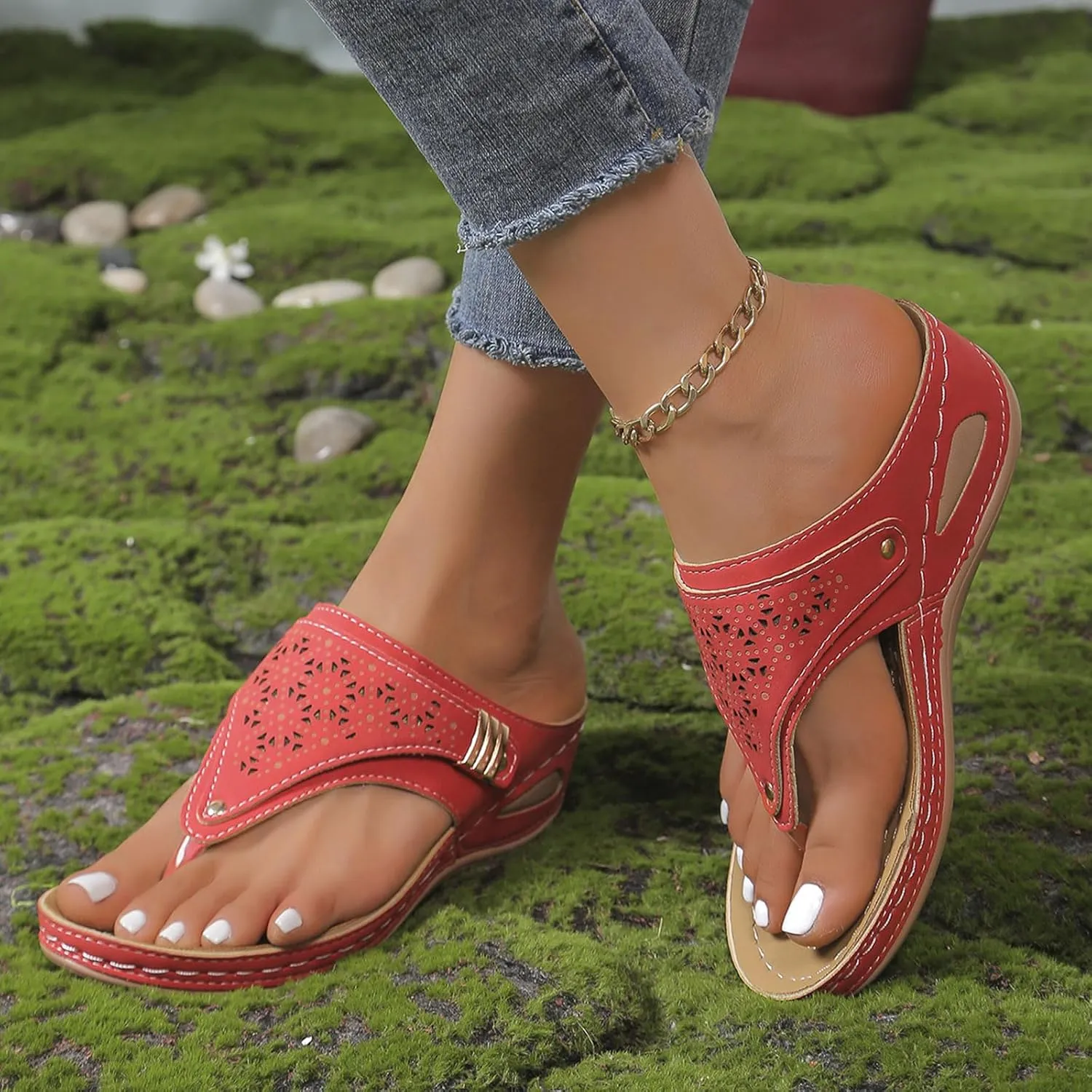 Platform Wedge Flip Flops for Women Cushioned Orthotic Sandals with Arch Support Breathable Mesh Hollow Summer Casual Beach Shoes Sandalias