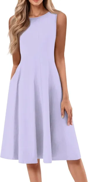 Plus Size Dresses for Curvy Women Summer Midi Sleeveless Pleated Dresses Crew Neck Club A Line Dress with Pocket