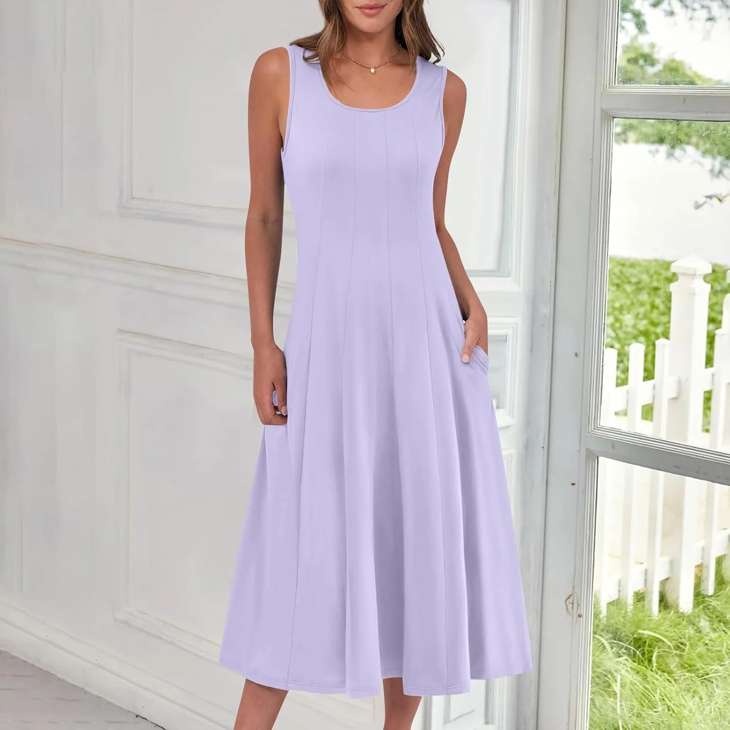 Plus Size Dresses for Curvy Women Summer Midi Sleeveless Pleated Dresses Crew Neck Club A Line Dress with Pocket
