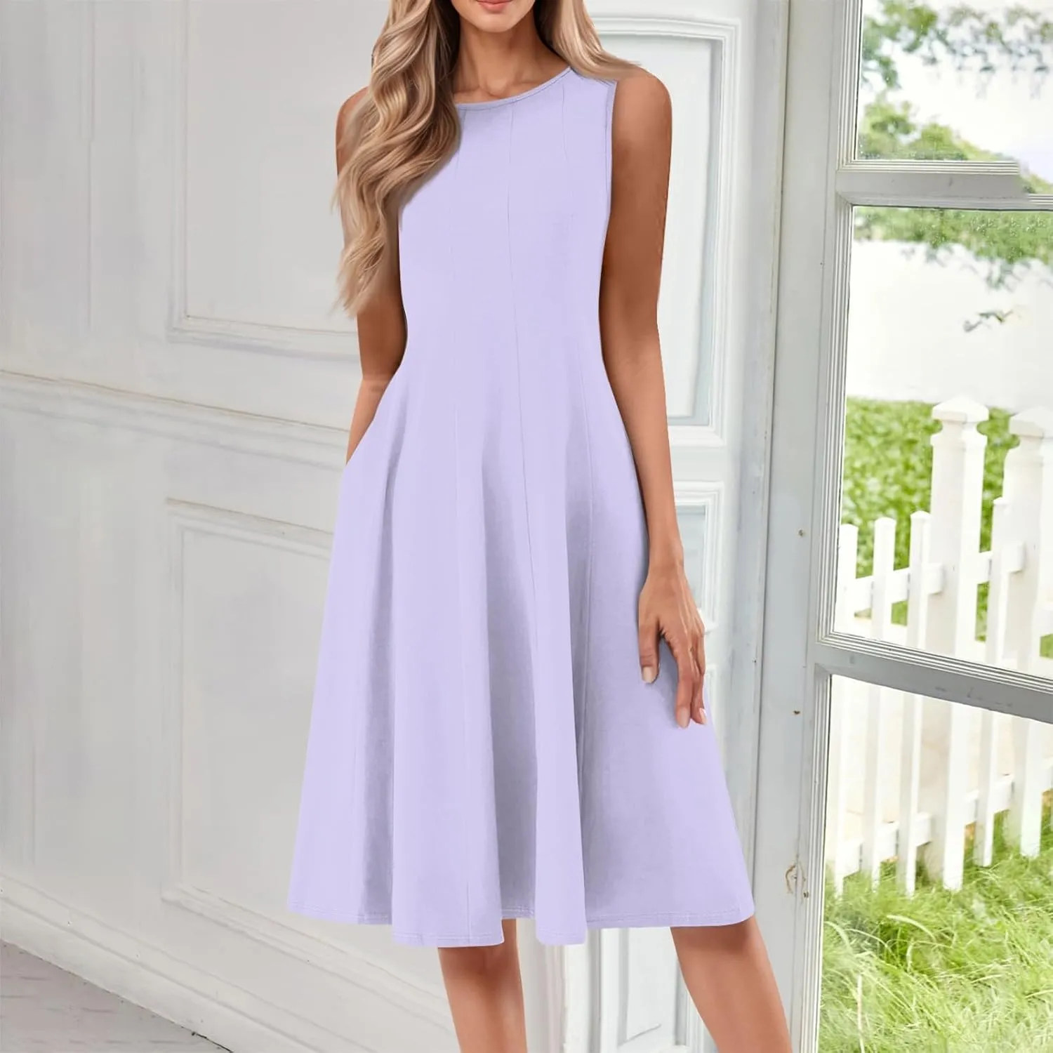 Plus Size Dresses for Curvy Women Summer Midi Sleeveless Pleated Dresses Crew Neck Club A Line Dress with Pocket
