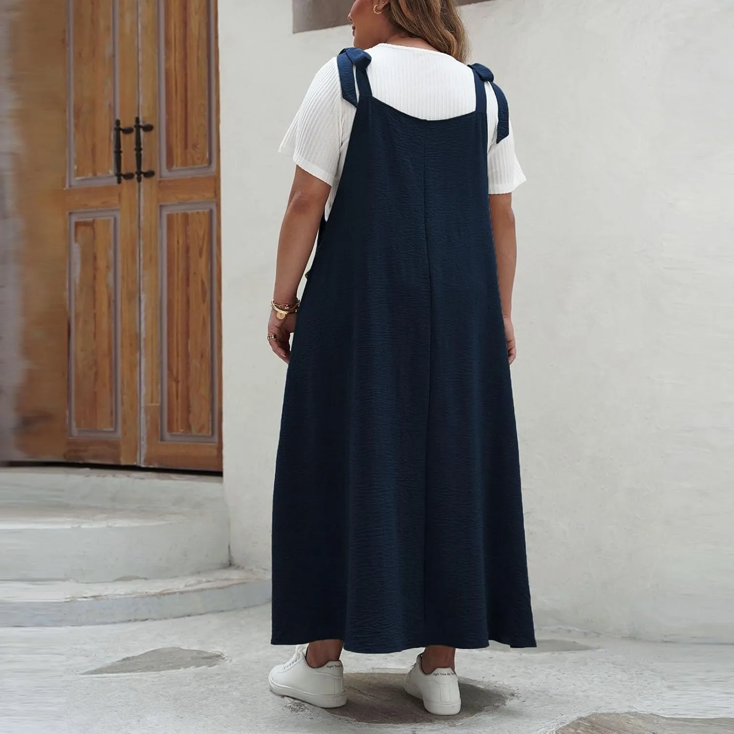 Plus Size Dresses for Women Solid Color Bow Knot Strap Ruffle Swing Casual Dress Square Neck Sleeveless Summer Dress