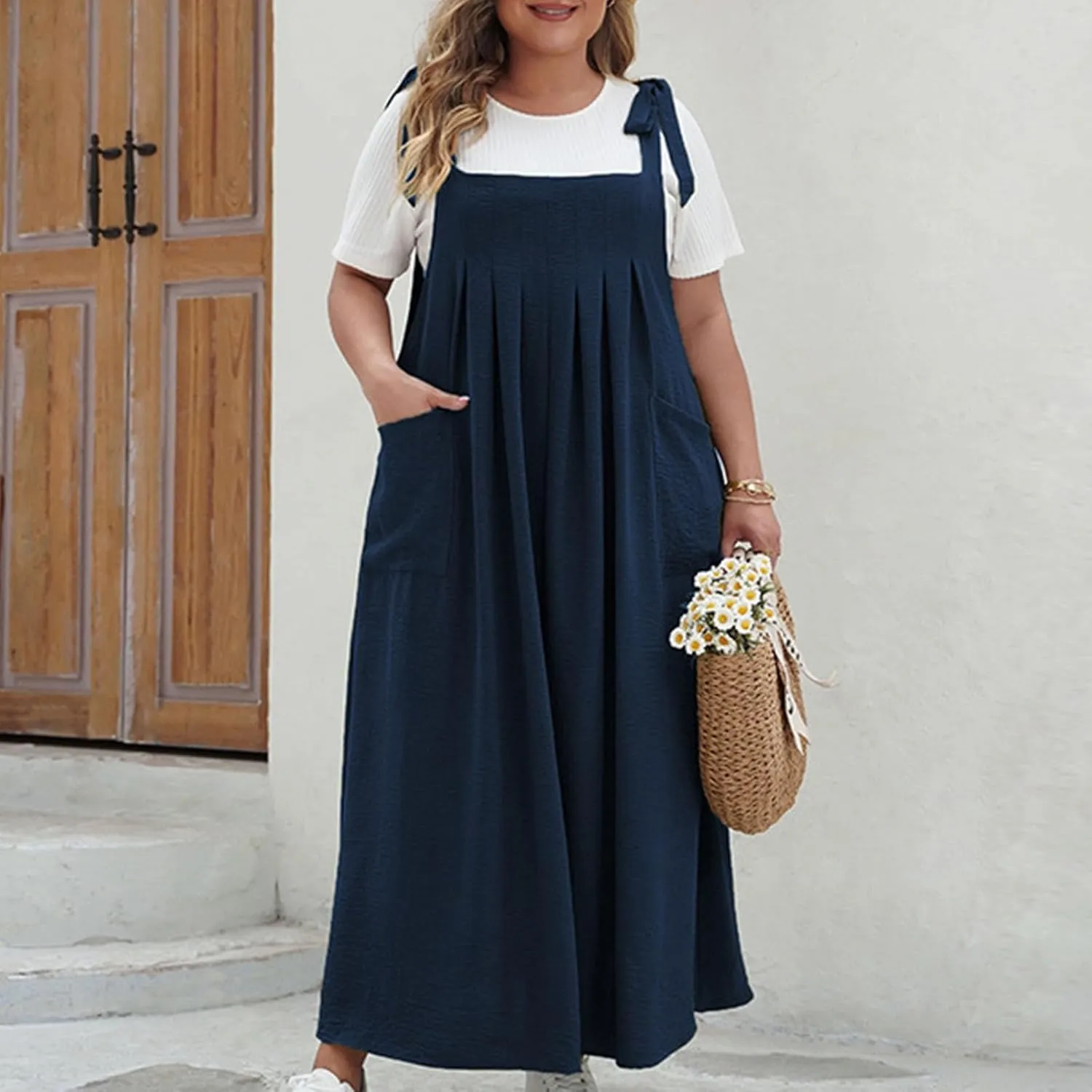 Plus Size Dresses for Women Solid Color Bow Knot Strap Ruffle Swing Casual Dress Square Neck Sleeveless Summer Dress
