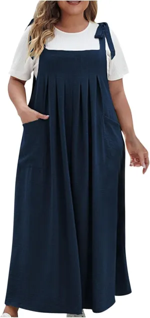 Plus Size Dresses for Women Solid Color Bow Knot Strap Ruffle Swing Casual Dress Square Neck Sleeveless Summer Dress