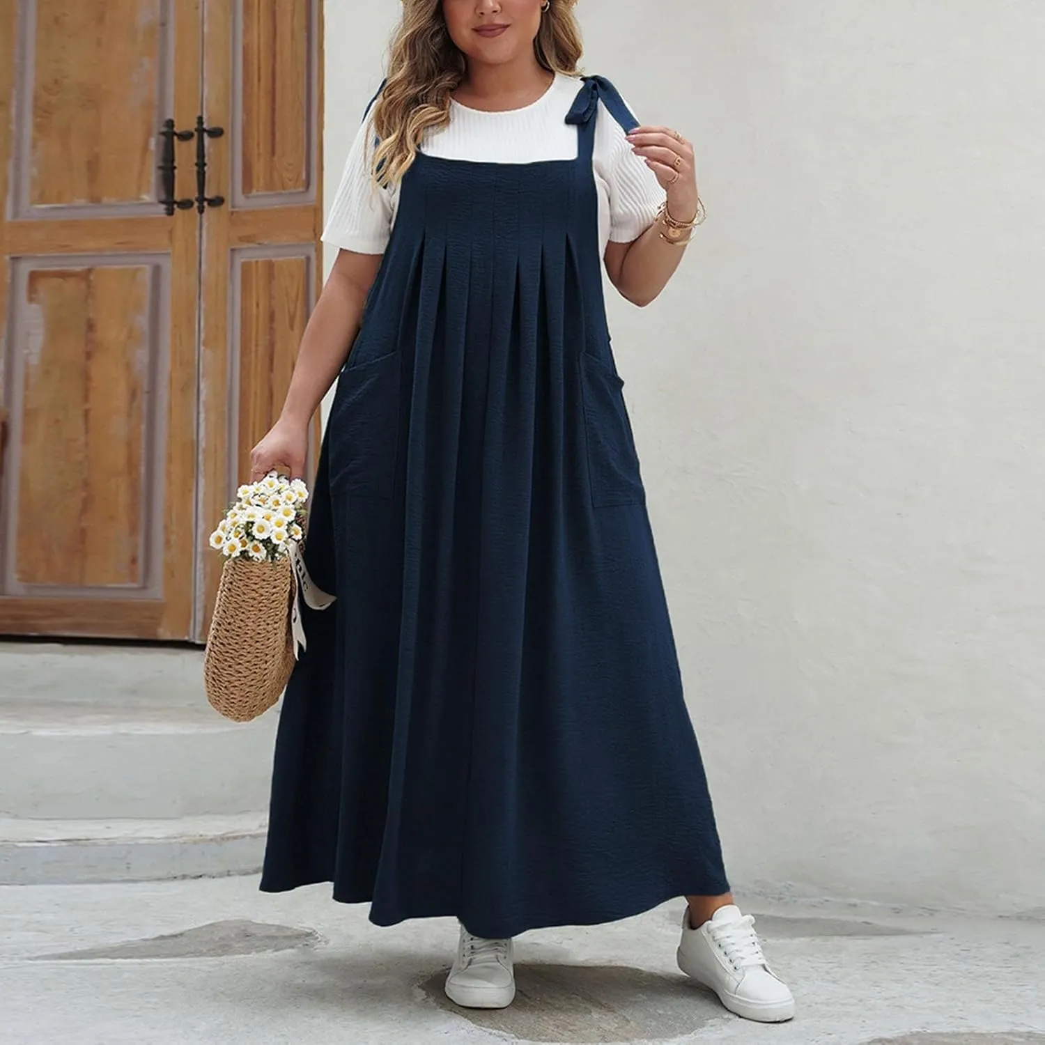 Plus Size Dresses for Women Solid Color Bow Knot Strap Ruffle Swing Casual Dress Square Neck Sleeveless Summer Dress
