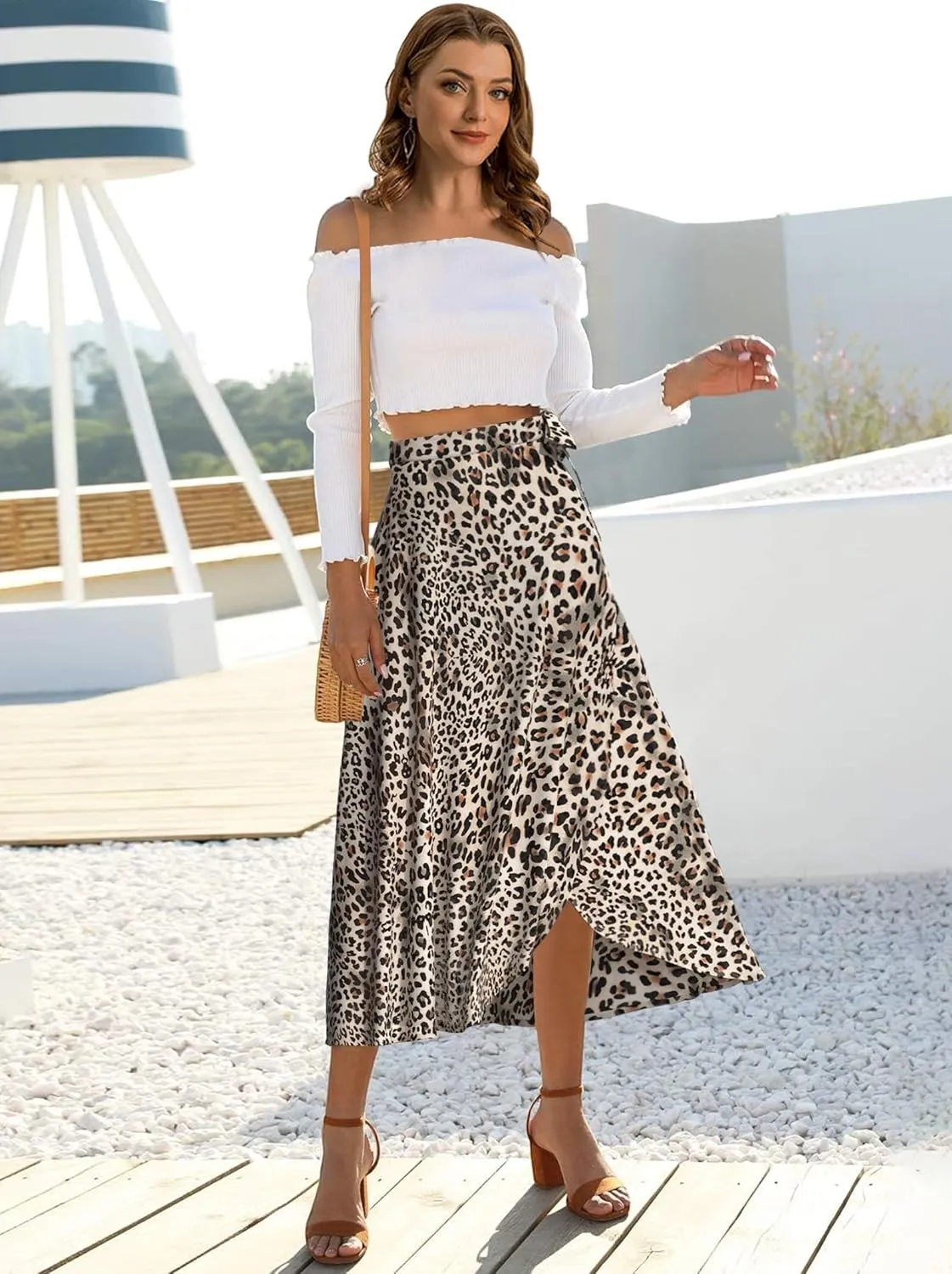 Plus Size Women Wrap Skirts Leopard Boho Skirt High Low Split Skirts for Summer Beach