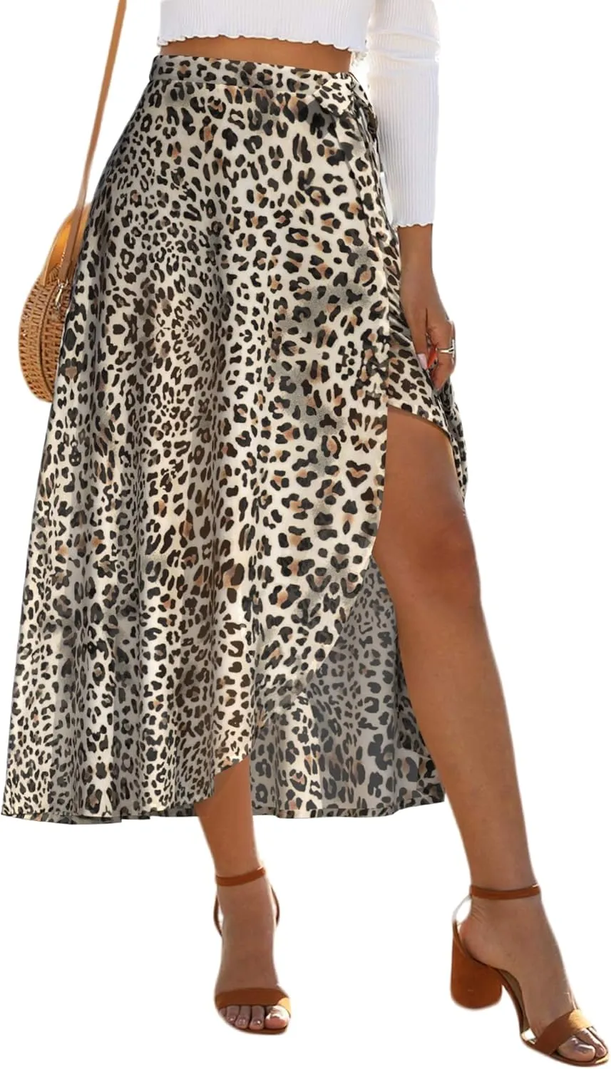 Plus Size Women Wrap Skirts Leopard Boho Skirt High Low Split Skirts for Summer Beach