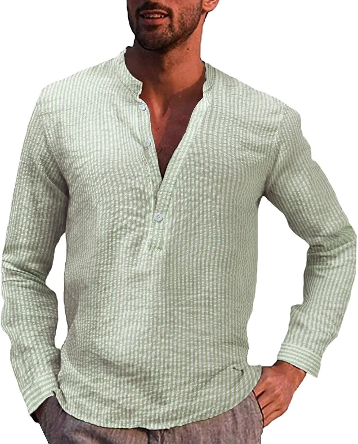 QWENTMTNTY Button Up Beach Shirts for Men Summer Long Sleeve Striped Henley T Shirt Casual Cotton Linen Regular Fit Blouses Green