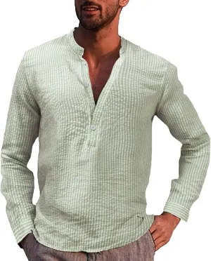 QWENTMTNTY Button Up Beach Shirts for Men Summer Long Sleeve Striped Henley T Shirt Casual Cotton Linen Regular Fit Blouses Green