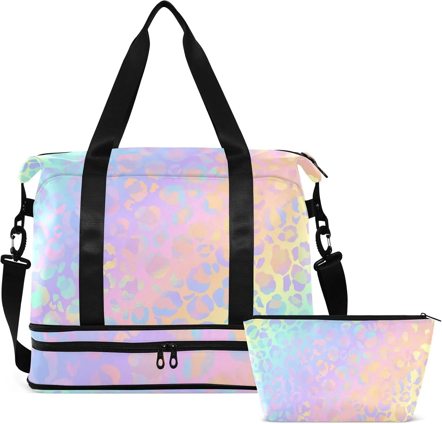 Rainbow Leopard Print Gym Bag for Women - Neon Sports Duffle Travel Tote with Toiletry & Shoes Compartment, Dry/Wet Separation Swim Bag