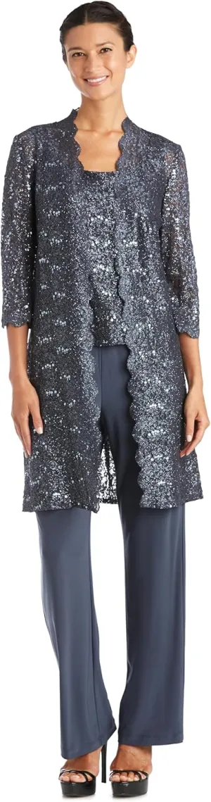 R&M Richards Women's Scallop Lace Duster Pant Set