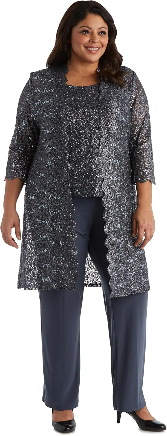 R&M Richards Women's Scallop Lace Duster Pant Set